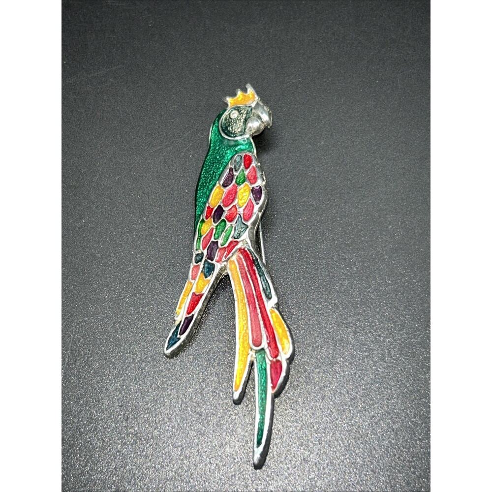 Vintage Enamel Macaw Parrot Tropical Bird Brooch 3” Silver Tone